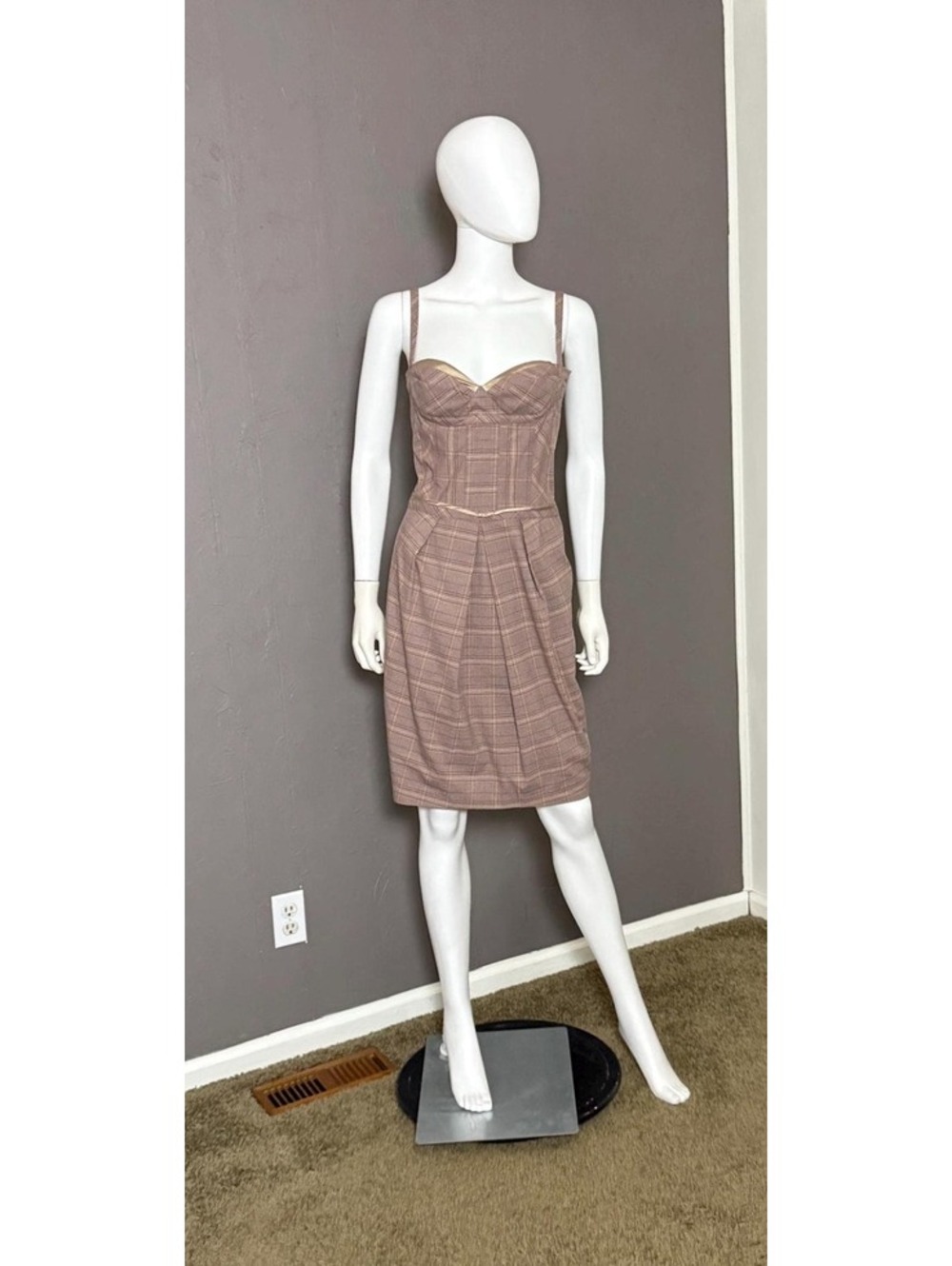 Y2K Plaid Wiggle Dress Brown Fitted Corset Top Pleated Skirt by BCBG size 4